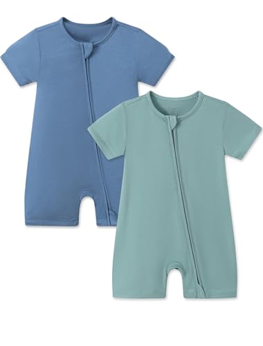 Image of JunNeng Baby 2 Pack Rayon of Bamboo Romper Sleeper 2 Way Zipper Short Sleeve Jumpsuit Zipper Footless One-piece