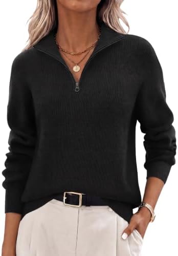 Zeagoo Damen Pullover Quarter Zip Strickpullover Langarm V-Ausschnitt Pulli | Stehkragen Sweatshirt mit Reißverschluss Mock Neck Sweater Casual Warm Obertiele