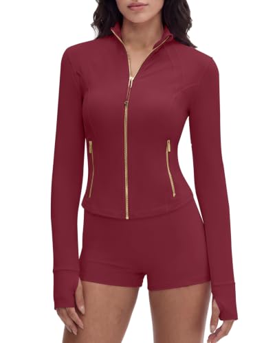 Image of SUUKSESS Women Golden Full Zip Up Workout Cropped Jackets Lightweight Athletic Yoga Tops