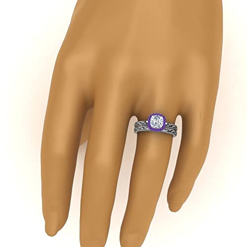 Image of Choose Your Gemstone Hand Engraved Halo Cushion Wedding Ring 925 Sterling Silver Cushion Shape Wedding Ring Sets Matching Jewelry Wedding Jewelry Easy to Wear Gifts US Size 4 to 12