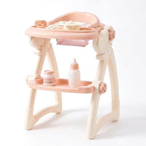 BiBi Doll Baby Doll High Chair with Feeding Set - Peach & Cream Nursery Furniture Toy with Plate Bottle & Cutlery - Role Play Baby Doll Accessories for Girls & Boys Aged 3+