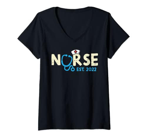 Femme Nurse Est 2022 Stéthoscope pour infirmière diplômée RN T-Shirt avec Col en V