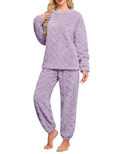 Niwicee Pijama Mujer Invierno Polar Conjunto de Pijama Franela Calentito Suave Felpa Mujer Ropa de Dormir 2 Piezas Camiseta de Manga Larga y Pantalón con Bolsillos S-XXL (Morado, XXL)