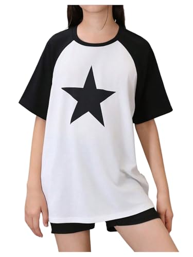 SHENHE Girl's Oversized Star Graphic T Shirt Raglan Sleeve Colorblock Crewneck T Shirt