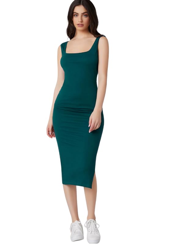 Image of rosery paris Square Neck Sleeveless Black Bodycon Dress for Women and Casual wear