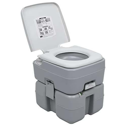 vidaXL HDPE PP Portable Camping Toilet - Heavy-Duty Material, High Capacity Waste Holding Tank, Efficient Piston Pump Flushing, 10-litre Fresh Water Tank, User-friendly Design - Gray.