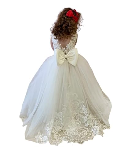 First Communion Dress for Girls - Tulle Princess Pageant Dress Kids Prom Ball Gowns with Bow-Knot and Tail