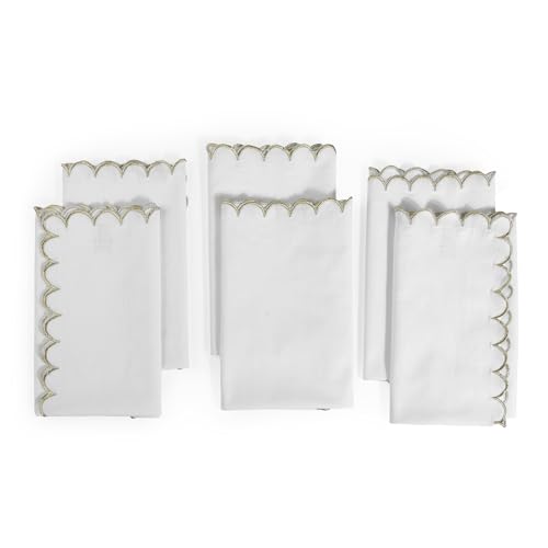Image of FINGERCRAFT Scallop Edge Cloth Napkins | Set of 6 | 20x20 Inches | 100% Cotton | Table Napkins for Any Occasion | Washable, Perfect for Parties and Everyday Use (White Gold Slub, Set of 6)