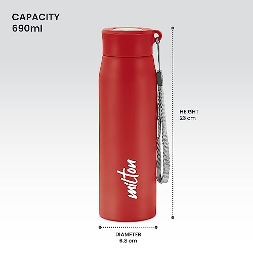 MILTON Handy 650 Stainless Steel Sipper Water Bottle 690 ml, Single Walled, ISI Certified I Leak Proof Lid, Rust Proof I For School, Office, Gym I Red