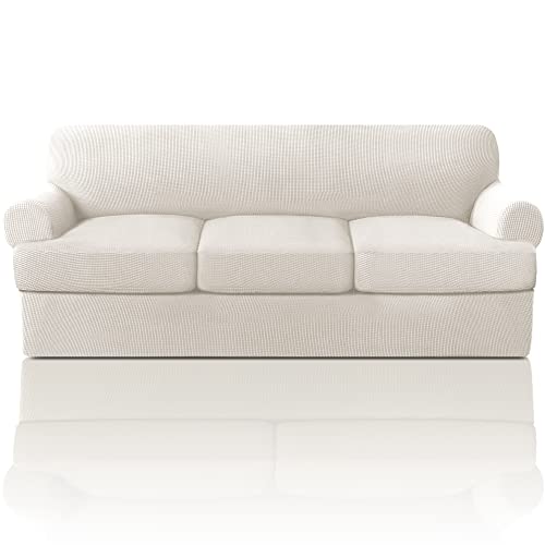 PrinceDeco T Cushion Sofa Slipcover 4 Pieces Sofa Covers for T Cushion Sofa Soft Couch Cover Sofa Slip Covers Furniture Covers with 3 Individual T Cushion Shape Seat Covers Machine Washable, Ivory