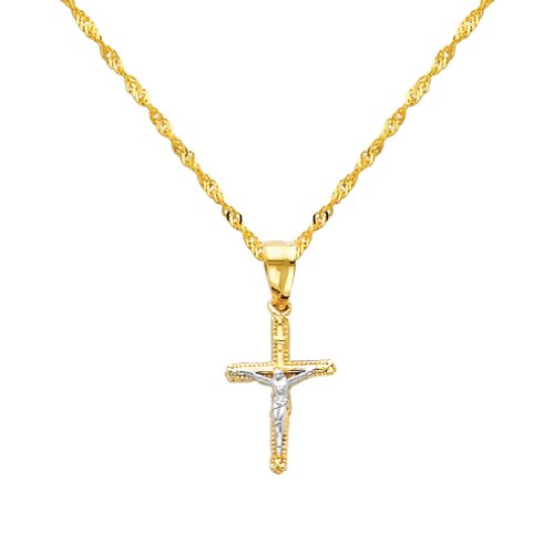 The World Jewelry Center 14k Two Tone Gold Jesus Cross Religious Pendant with 1.2mm Singapore Chain Necklace