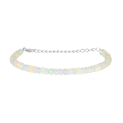 4MM AAA Natural Opal Bracelet - Faceted Fire Opal Beaded Bracelet, October Birthstone Jewelry, 925 Sterling Silver Clasp & 5CM Chain, 22CM