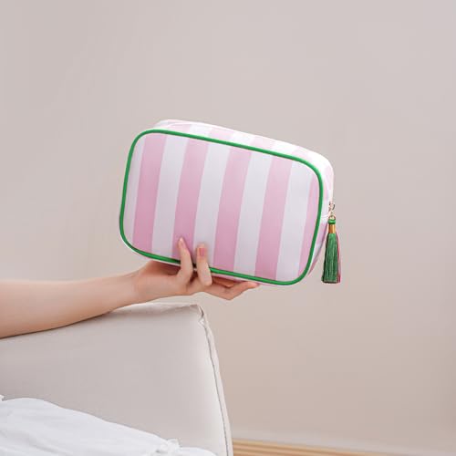 uekeboag Large Canvas Tassel Striped Makeup Bag,Coquette Travel Organizer Cosmetic Bag with Zipper,Toiletry Bag for Toiletries Accessories for Women Girls(05Pink Striped)3