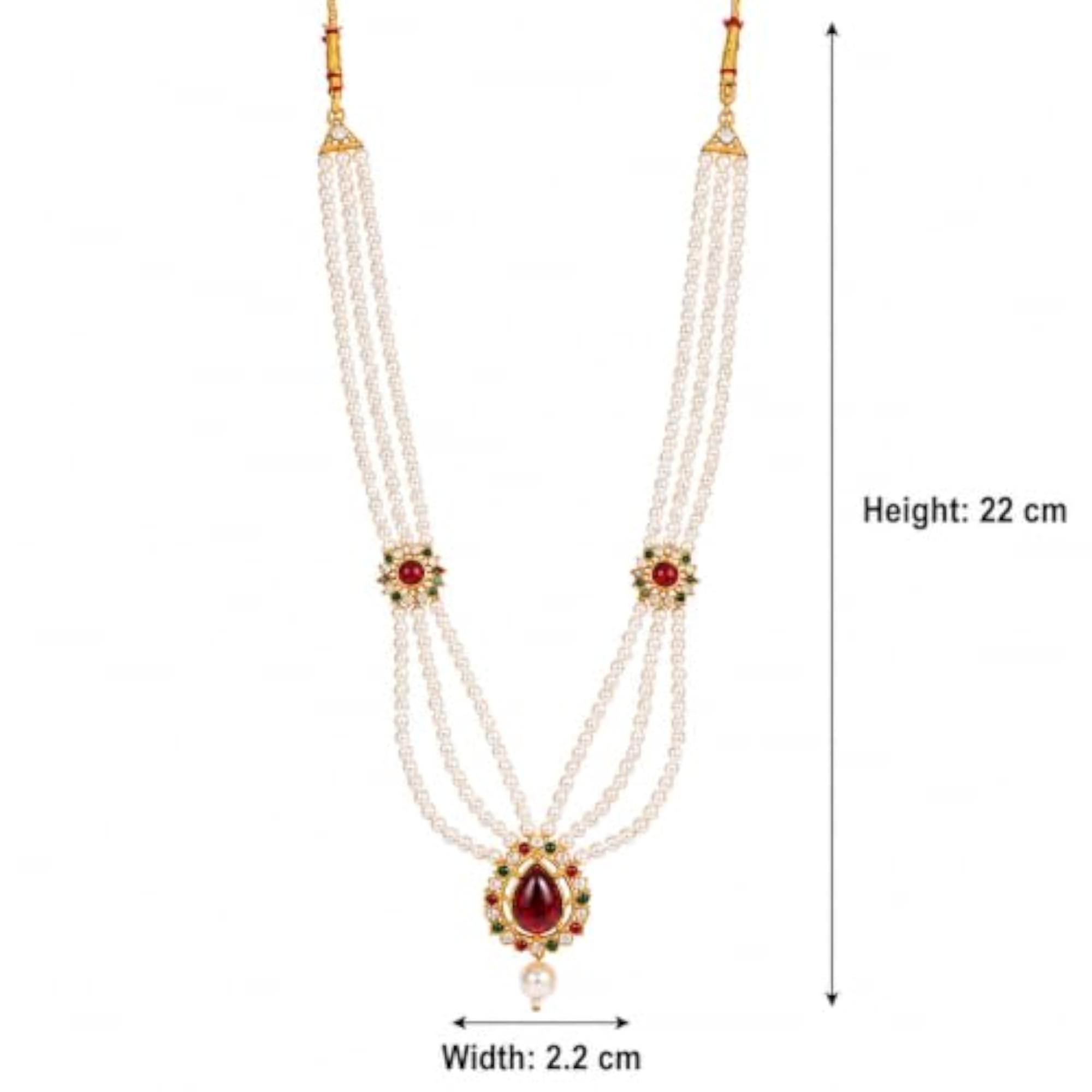 Three Layer Mala Necklace with Red & Green Stone Drop Pendant