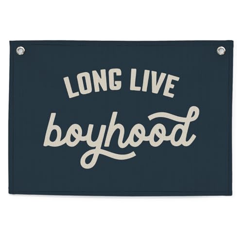 Image of CEBTHN Long Live Boyhood Banner – Linen Canvas Wall Hanging Flag, Boys Room & Nursery Decor, Playroom Wall Art, Baby & Toddler Room Decoration, 20x30 Inch - Navy Blue