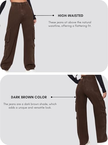 Image of GRECIILOOKS Cargo Jeans for Women - Wide Leg High Waist Baggy Denim Pants | Casual Fit Trousers with Utility Pocket Design