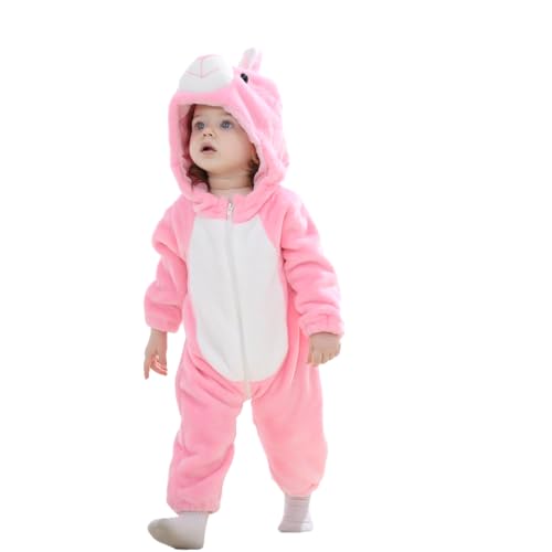 Boys Girls Casual Hooded Romper Long Sleeve Cartoon Animal Plush Zipper Jumpsuit for Cosplay Costume (Pink, 9 Years)
