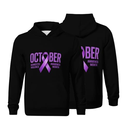 Kids October Domestic Violence Awareness Month Purple Ribbon Boys Girls Lightweight Kangaroo Pocket Fleece Hoodies