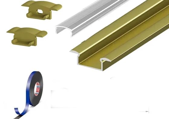 2 Metre Recessed Gold/Brass LED Profile P6-1 C/W Clips, End Caps & Clear Cover | Perfect for Bedroom, Stairs, Hallway, Kitchen, Cabinet (15mm x 6.2mm)
