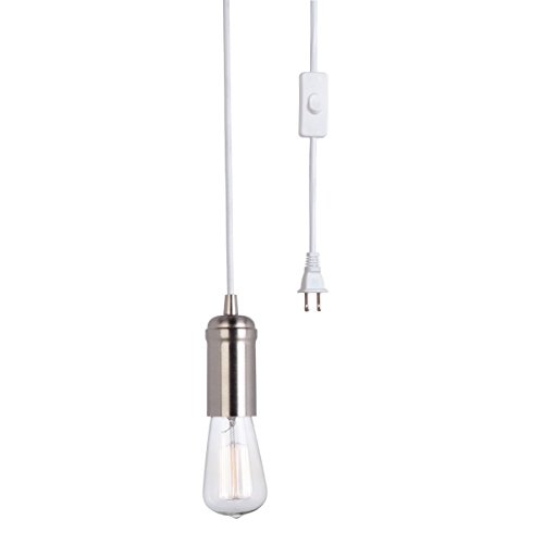 Globe Electric 12592 Edison 1-Light Plug-in Mini Pendant,White Cord with Brushed Steel Socket