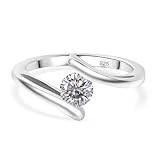 TJC Moissanite Bypass Ring in Rhodium Plated Sterling Silver - 5mm Round Brilliant Cut Solitaire Minimalist Ring - Modern Engagement Promise Ring - Size O