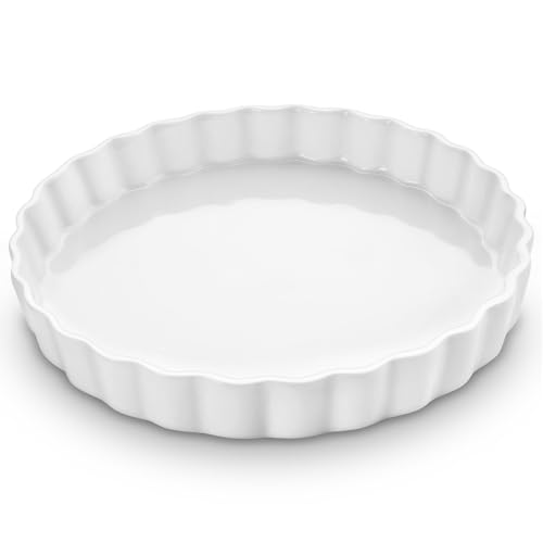 LONTOM 22cm White Ceramic Quiche Dish 8.7inch Round Rim Baking Dish Oven Microwave Dishwasher Safe Non-Stick Pie Pan Porcelain Flan Dish Perfect for Pies Quiches Tarts & Desserts Pizza Noodles