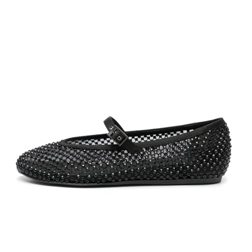 Vertundy Women's Mesh Ballet Flat Shoes with Rhinestone Round Toe Slip On Strap Buckle Causal Dress Crystal Fishnet Ballerina Shoes Ladies2