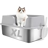 FURRYPAWS XL Stainless Steel Cat Litter Tray with Lid，50L Extra Large Metal Cat Litter Box for Big Cats ，61x41x30cm, High Sided Litter Tray, With Litter Scoop