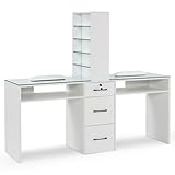 BarberPub Double Manicure Table for Storage, Beauty Nail Desk with Glass, Modern Nail Salon Makeup Station, Functional Manicure Workstation, Spa Equipment with Drawers & Shelves 2666 (White)