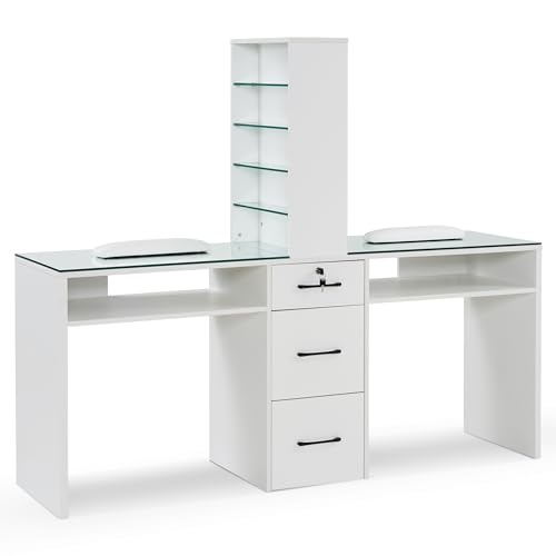 BarberPub Double Manicure Table for Storage, Beauty Nail Desk with Glass, Modern Nail Salon Makeup Station, Functional Manicure Workstation, Spa Equipment with Drawers & Shelves 2666 (White)