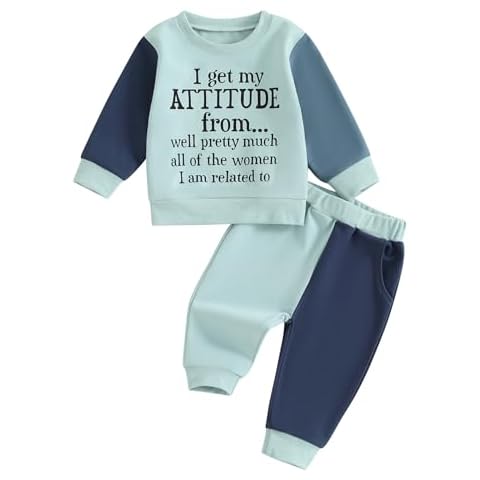 WZTYYDS Toddler Baby Boy Clothes Letter Print Long Sleeve Sweatshirt Tops Pants Sets Kids Fall Winter Contrast Outfit (Blue-I get my ATTITUDE from, 3-4T) Cover