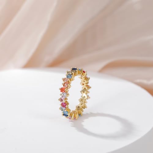 Rainbow Eternity Ring for Women Princess Cut Cubic Zirconia Colorful Stackable Promise Engagement Wedding Band for Her Size 5-103