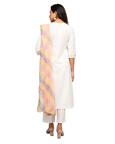Image of FIORRA Women's White Cotton A-line Kurta with Pant and Dupatta