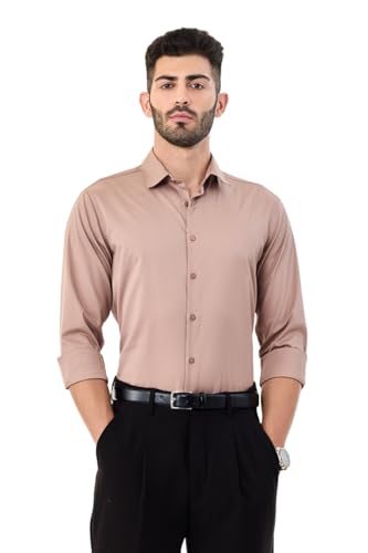 Image of SNITCH Men Formal Shirt | Tailored Slim Fit Full Sleeve Spread Collar Solid Style | Breathable Polyester Viscose Blend Twill Fabric for Office & Evening