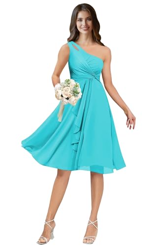 Women's One Shoulder Short Bridesmaid Dresses A Line Chiffon Pleated Formal Party Dress with Ruffled