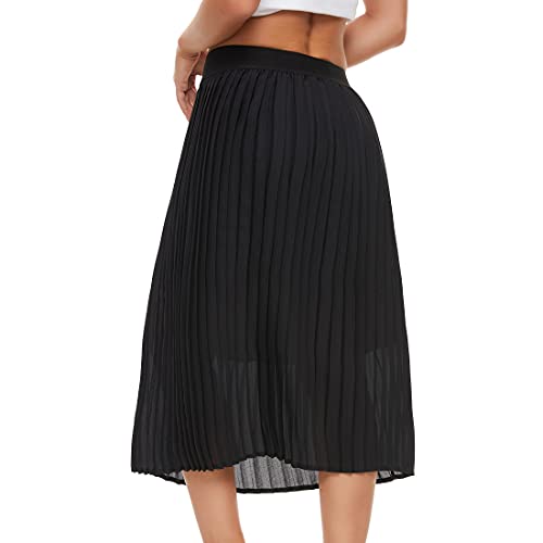 Womens Pleated Midi Skirt,High Waist Swing Boho Pleated Skirt Casual Chiffon Elastic A-line Long Skirts4