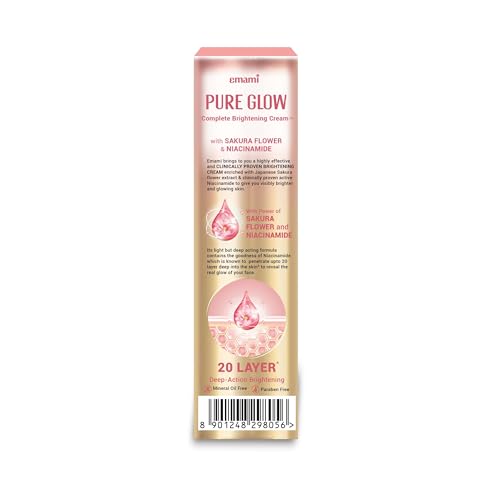 Image of Emami Pure Glow Complete Brightening Cream 50g | with Japanese Sakura Flower & Niacinamide for 2X Brightness & +50% Moisturisation | Mineral-Oil Free, Paraben-Free