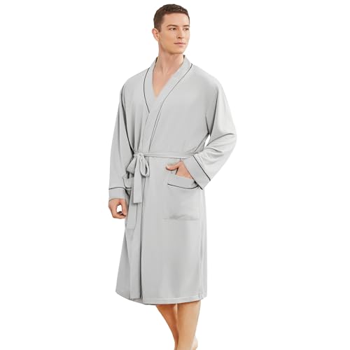 Image of Mens Lightweight Robe, Knit Kimono Bathrobe Spa Sleepwear Soft Knee Length Robe With Pockets