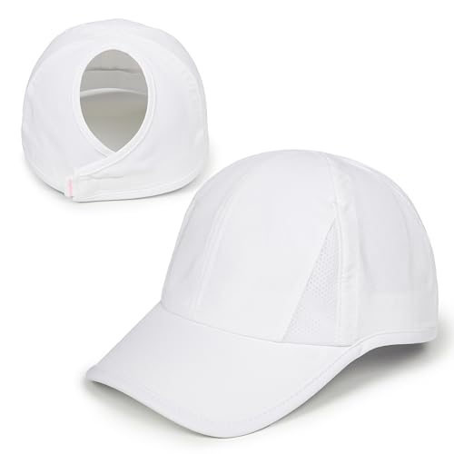 Ponyflo Womens High Ponytail Baseball Cap - Patented Open Back Design - Tangle Free Velcro - Performance Fabrics - White