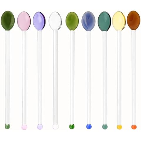 FabricFret 9 Pieces Glass Spoons, Clear Coffee Spoon, 5.8 Inches Glass Stirring Rod Ice Tea Mixing Spoon Bar Swizzle Stick for Salt Sugar Cocktail Milkshake Cold Drink Appetizers Desserts (A) Cover