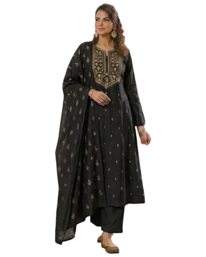 Image of ANNI Designer Women's Viscose Straight Printed Embroidery Kurta with Pant & Dupatta | Long Sleeve Ethnic Kurta Set for Women | Casual Office, Daily, Party Outfits