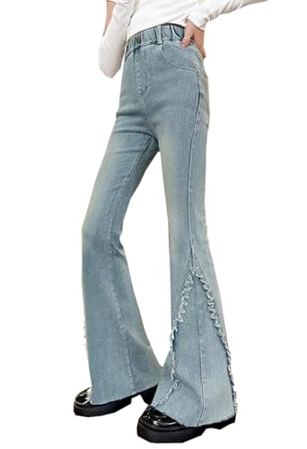Girls Solid Colored Flare Bell Bottom Jeans Kids High Waist Cute Frayed Hem Flared Denim Pants2