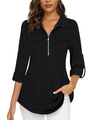 Gemulate Long Sleeve Tops Women Dressy Tops for Women UK Womens Tops Zip Up Long Sleeve Tops Polo Shirts Blouses Loose Dressy Casual Tunic Tops - Black, XXL
