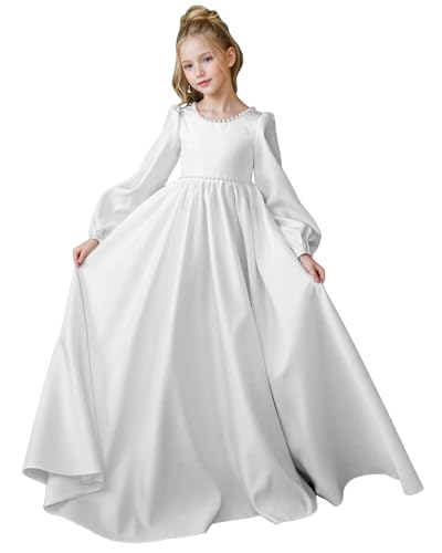 Fall Long Sleeve Flower Girl Dress with Bow Knot Crewneck Pearls Satin First Communion Dress