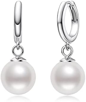 Pearl Earrings, 925 Sterling Silver Hoop/Huggie/Drop Earrings for Ladies, Freshwater Cultured White Pearls Anniversary Wedding Jewellry Valentines Gifts for Her