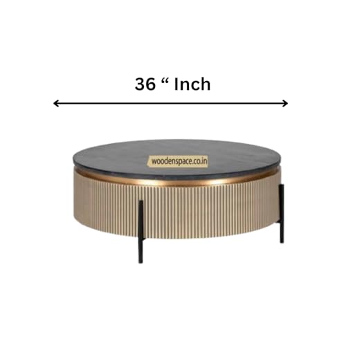 Image of WOODEN SPACE Premium Luxury Nazaara Marble-Top Coffee Table with Iron Legs & PVD Coating | Modern Round Wooden Center Table for Living Room & Entryway