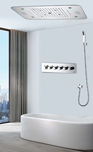 Cascada Luxury Sistema de ducha LED 15x23 pulgadas con altavoces Bluetooth incorporados, 5 funciones y control remoto en negro mate