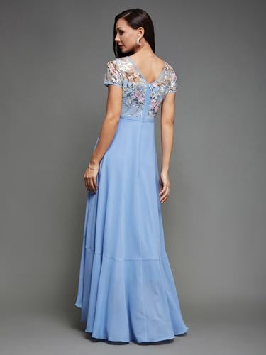 Image of Miss Chase Women's Round Neck Sleeve Embellished Fit Flare Maxi Dress