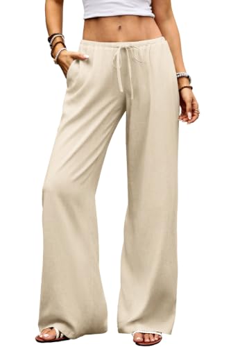 ELLEVEN Low Rise Wide Leg Linen Pants for Women Baggy Palazzo Flowy Trousers Cotton Lightweight Summer Beach Vacation Clothes Beige Medium