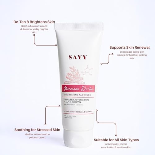 Image of SAYY Moroccan De-Tan Brightening Face Pack with Gluconolactone (PHA), Alpha Arbutin, Niacinamide & Licorice Extract | Skin Brightening Face Mask for Tan Removal, Uneven Skin Tone & Radiant Glow | Suitable for All Skin Types | 100g
